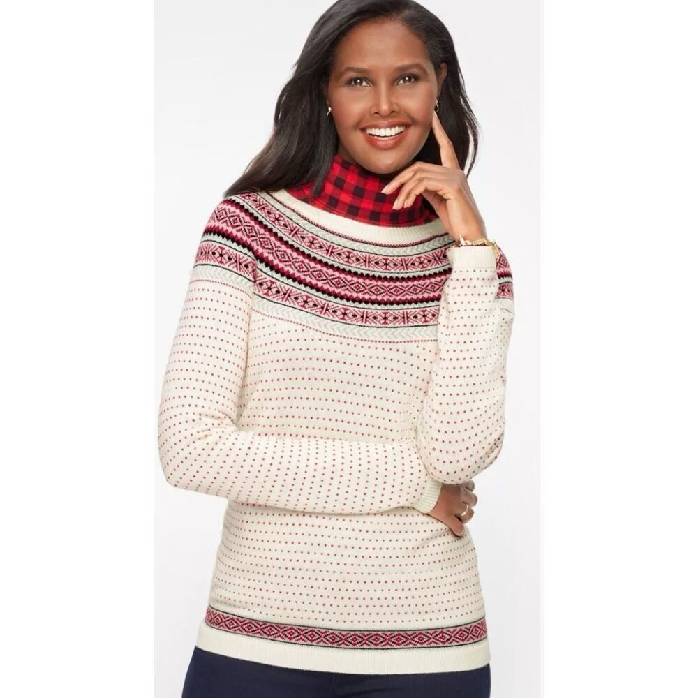 TALBOTS Pullover Sweater Womens XL Fair‎ Isle Nordic Red Hearts Lambs Wool New
